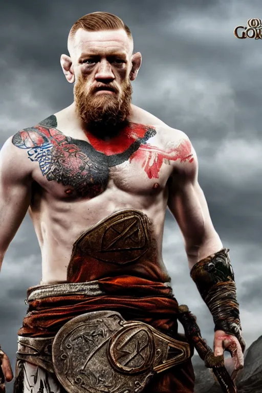 Image similar to connor mcgregor as balder from god of war, 8 k, hdr, great light, gustave courbet, annie leibowitz