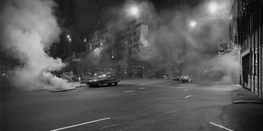 Image similar to a high resolution photo of a new york street at night surrounded with smoke and cars with bright headlights by joel meyerowitz, realistic photo, leica, magnum award winning photograph, parallax photography,