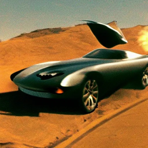 Image similar to car chased by anothrr car which is flying in the sky, movie still of James bond