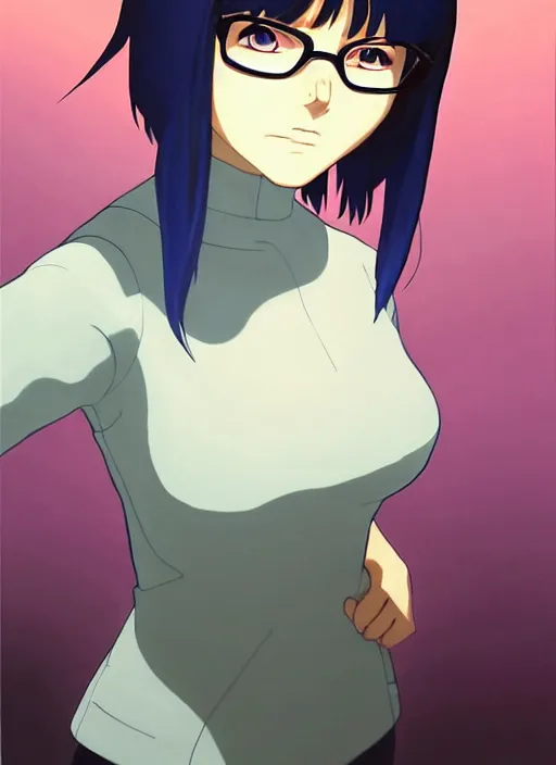 Image similar to Painting of grown-up Velma Dinkley in the style of Ghost in The Shell, beautiful anime art style, winged eyelashes, countryside, calm, fantasy character portrait, dark outlines, dynamic pose, above view, sunny day, artwork by Makoto Shinkai, very coherent asymmetrical artwork, sharp edges, perfect face, simple form, 100mm