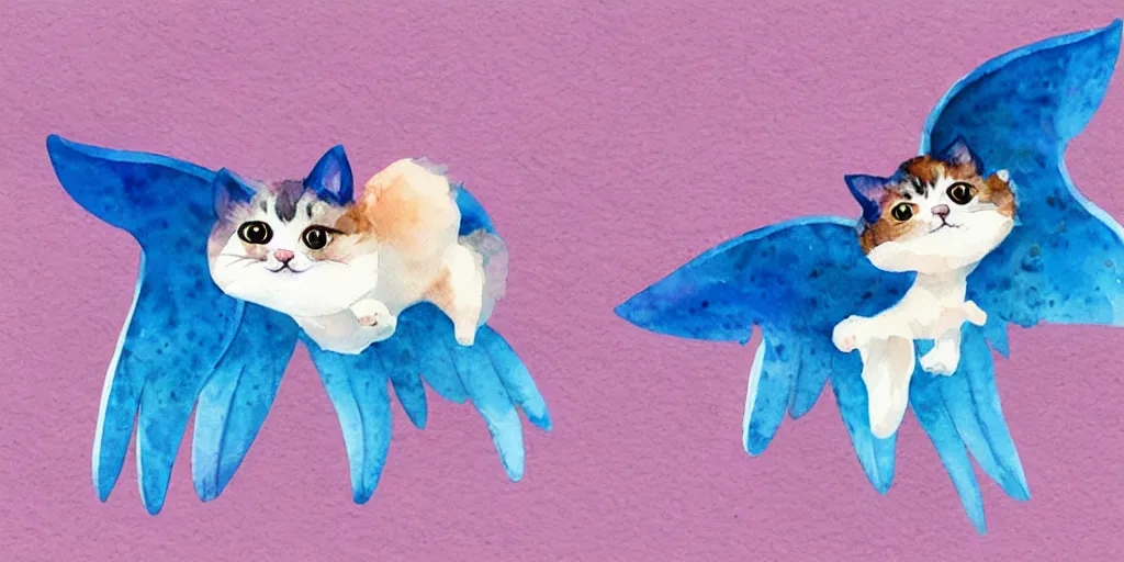 Prompt: watercolor illustration style, flying cute cats with blue wings