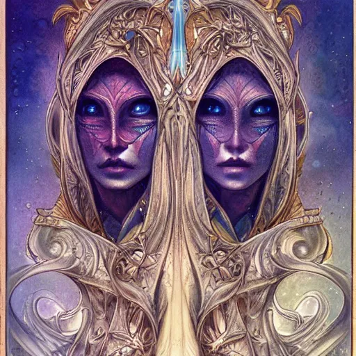 Image similar to detailed and sharp gemini artwork, mystic style, detailed, 8 k, detailed, symmetrical, by brian froud