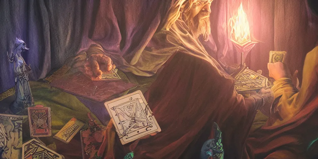 Image similar to wizard doing a tarot reading, cards, fantasy, digital art, soft lighting, 4 k, trending on artlist, medium close up