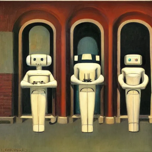 Image similar to three brutalist robot bishops portrait, grant wood, pj crook, edward hopper, syd mead, oil on canvas