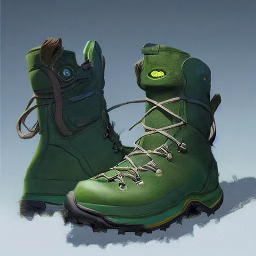 Prompt: water resistant green hiking boots, by Craig mullins, Steve Purcell, Ralph McQuarrie. Design. Fashion. Trending on artstation. Centered image, no background
