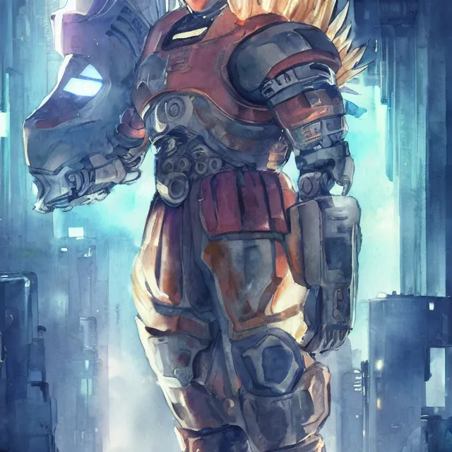 Image similar to a watercolor painting full body character portrait of a cyborg super saiyan knight with a broken halo floating over their head in the style of cyberpunk in the style of moebius trending on artstation deviantart pinterest detailed realistic hd 8 k high resolution