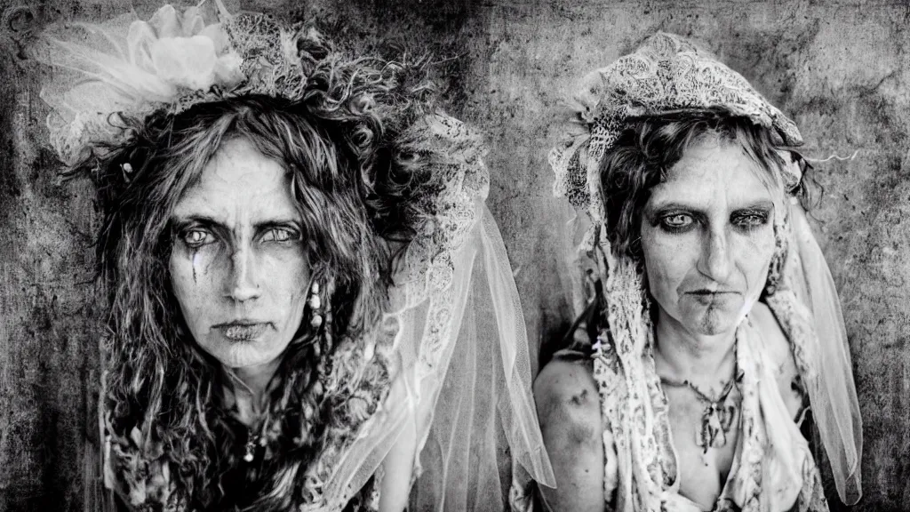 Prompt: by laurie lipton, wide angle, dirty, rtx, gypsy bride portrait, grainy style