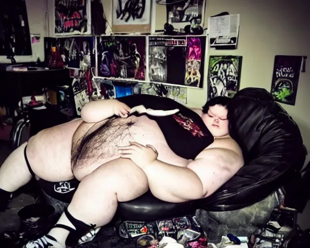 Prompt: dirty room, depression scene, very fat man in a gamer chair. goth chick gf