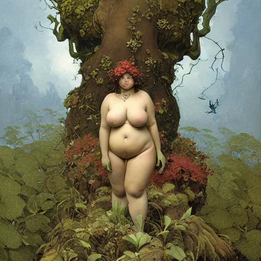 Image similar to chubby Physique Portrait of a Orchid Guy wearing an Ivy costume poison oak disguised as a human standing atop a lichen covered stone greg rutkowski jen bartel peter mohrbacher anna podedworna arthur rackham salvador dali octavio ocampo jacek yerka winslow homer norman rockwell inio asano prismacolor tombow quill