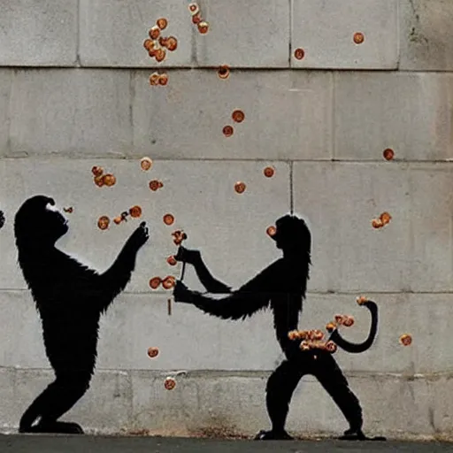 Image similar to display of 2 apes holding champaign bottles, money falling from the sky, made by banksy