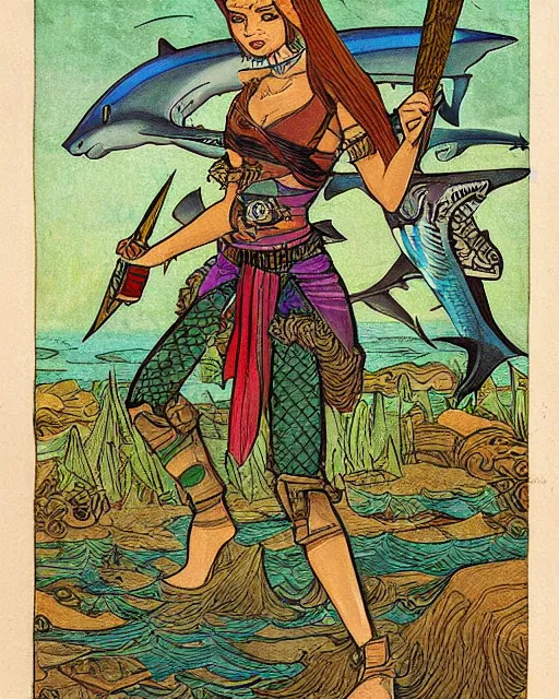 Image similar to a shark pirate queen with iridescent skin color, holding melee weapons by ivan bilibin