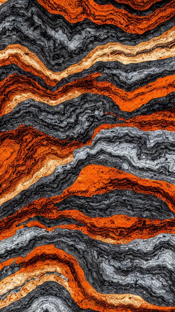 Image similar to vivid color, folded, tessellated planes of rock, alien sedimentary schematic, igneous rock, marbled veins, 3D diorama architectural drawing with layers of strata, ochre, sienna, black, gray, olive, mineral grains, dramatic lighting, rock texture, sand by James jean, geology, octane render in the style of Luis García Mozos