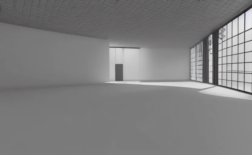 Prompt: empty room, big open floor, large random with colourful 3 d objects, unreal engine and v - ray render.