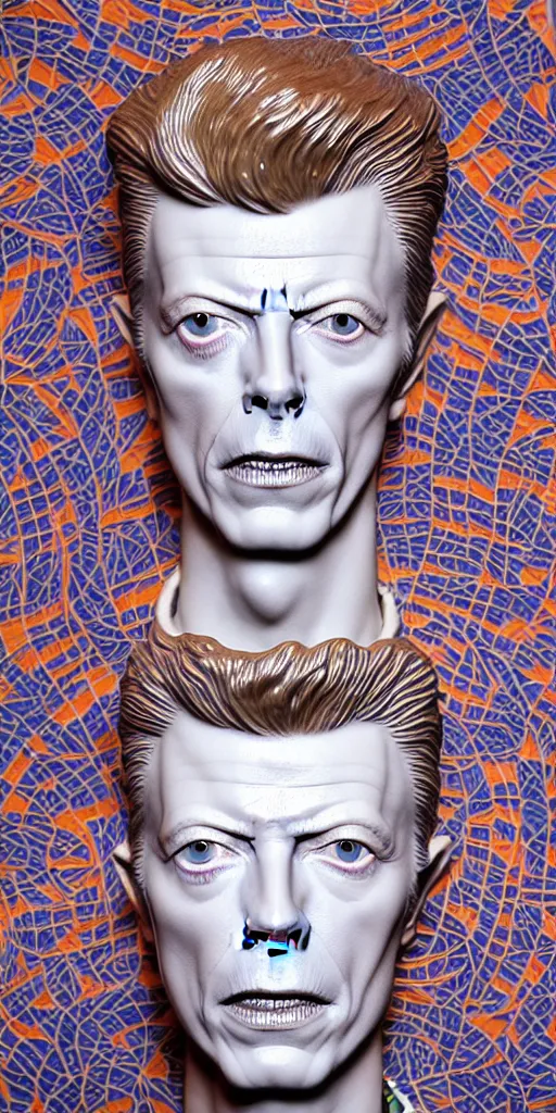 Prompt: David Bowie , A Close up photo-real delicate ceramic porcelain sculpture of a symmetrical ornate detailed in front of an intricate background by Victo Ngai and takato yamamoto, micro detail, backlit lighting, face in focus, subsurface scattering, translucent, thin porcelain, octane renderer, colorful, physically based rendering, japanese pottery, trending on cgsociety