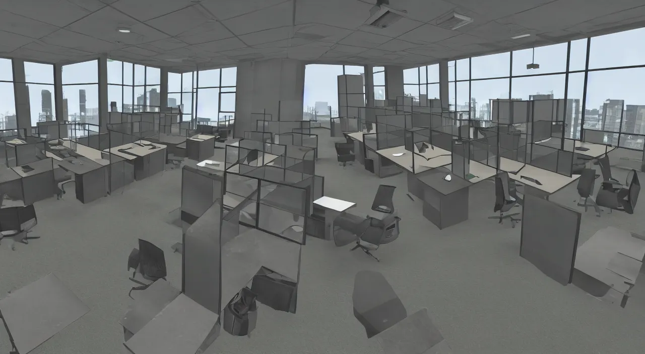 Image similar to An office at 3AM with multiple cubicles and a window that provides a view of the city, Source Engine, Gmod, Half Life 2