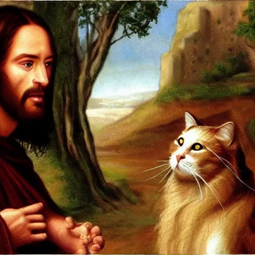 Image similar to realistic photo of jesus explaining the meaning of life to a cross - eyed cat,
