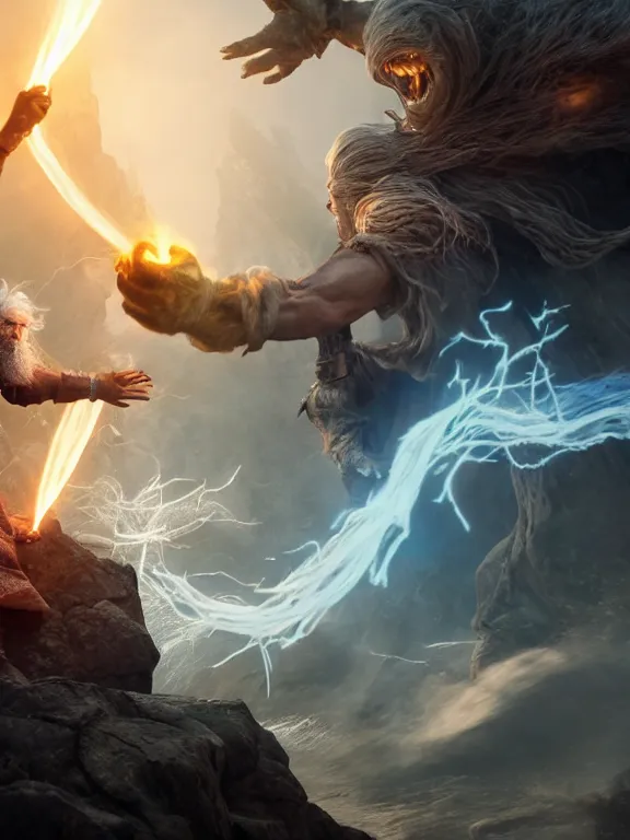 Image similar to photo of 8k ultra realistic Gandalf fighting the balrog, full of colour, cinematic lighting, battered, trending on artstation, 4k, hyperrealistic, focused, extreme details,unreal engine 5, cinematic, masterpiece, art by studio ghibli