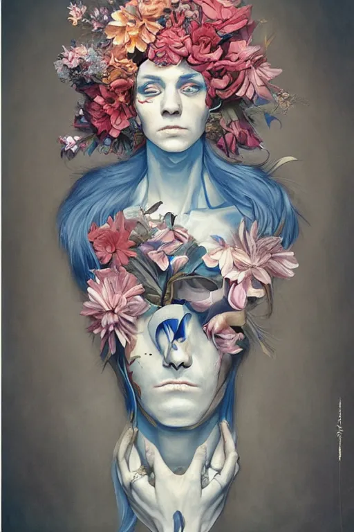 Image similar to a painting of a man with blue hair and flowers on his chest, a surrealist painting by james jean, trending on cgsociety, pop surrealism, androgynous, grotesque, angular