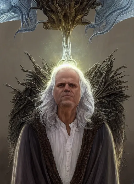 Prompt: Portrait of Prime Minister Scott Morrison, silver shaggy hair, cloak, ethereal wings, fantasy, extremely detailed, digital painting, artstation, concept art, smooth, sharp focus, illustration, stunning lighting, art by artgerm and greg rutkowski and alphonse mucha and simon stalenhag, realistic character concept, high fantasy, light atmosphere, golden ratio, cinematic lighting, hyperdetailed, high resolution, insanely detailed and intricate, artstation, Marc Simonetti, Greg Rutkowski, 8k