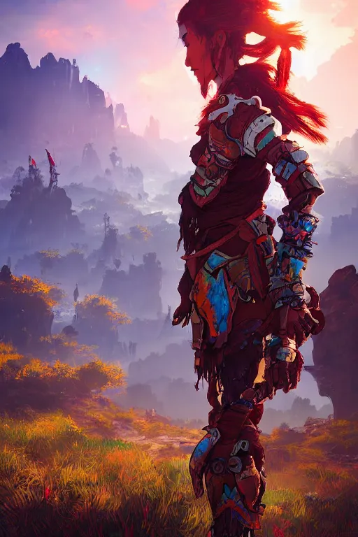 Image similar to combination suit armor aloy horizon forbidden west horizon zero dawn radiating a glowing aura global illumination ray tracing hdr fanart arstation by ian pesty and alena aenami artworks in 4 k tribal robot ninja mask helmet backpack