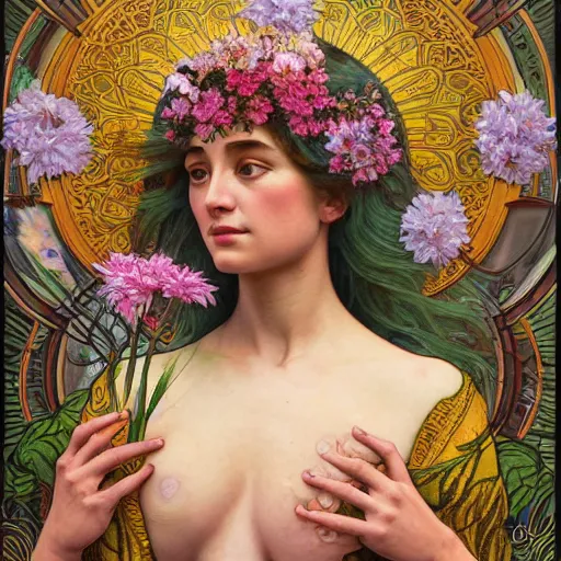 Image similar to a portrait oil painting of a singular beautiful female godess of spring with colorful flowers, holy geometry, tarot card style, by Mohrbacher and Moebius and Alphonse Mucha and Roger Deakins, cinematic lighting, masterpiece, golden ratio background, highly detailed, 8k resolution, trending on art station