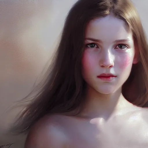 Image similar to Facial portrait of a pretty young cute girl, looking at the camera, slight awkward smile, lips slightly parted, no hands visible, extremely detailed painting by Greg Rutkowski and by Henry Justice Ford and by Steve Henderson