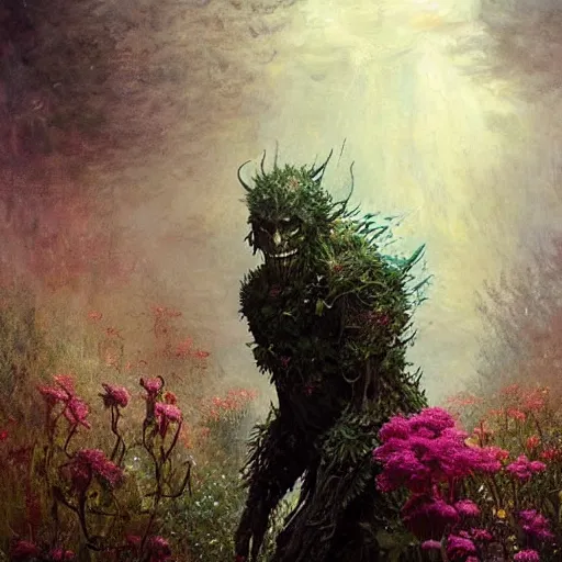 Image similar to a beautiful terrifying monster made of flowers. ethereal horror fantasy art by greg rutkowski and raymond swanland and monet