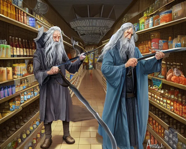 Image similar to Gandalf fighting Dumbeldore in grocery store, highly detailed, digital art, trending on artstation