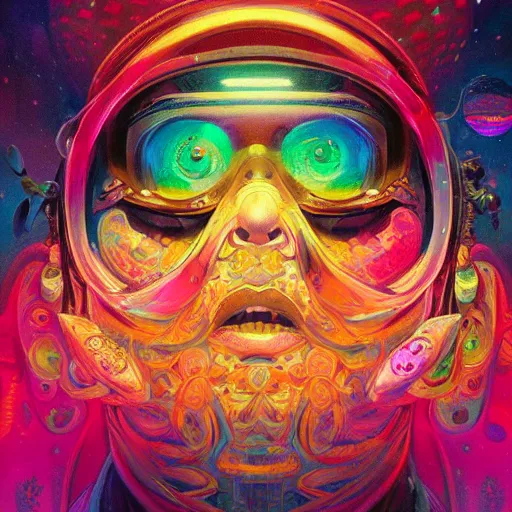 Image similar to An extremely psychedelic experience, colorful, surreal, dramatic lighting, cosmonaut, LSD, face, detailed, intricate, elegant, highly detailed, digital painting, artstation, concept art, smooth, sharp focus, illustration, art by Sam Spratt, Dan Mumford, Artem Demura and Alphonse Mucha