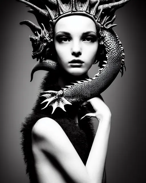 Image similar to dark background, a black and white high quality dreamy photo of a young beautiful female queen-dragon-vegetal-flower-cyborg bust with a very long neck, elegant, highly detailed, poetic, soft, dreamy, mysterious, high fashion, rim light, in the style of Ellen von Unwerth, Realistic, Refined, Digital Art, Highly Detailed, Cinematic Lighting, rim light, black and white, photo-realistic, 8K