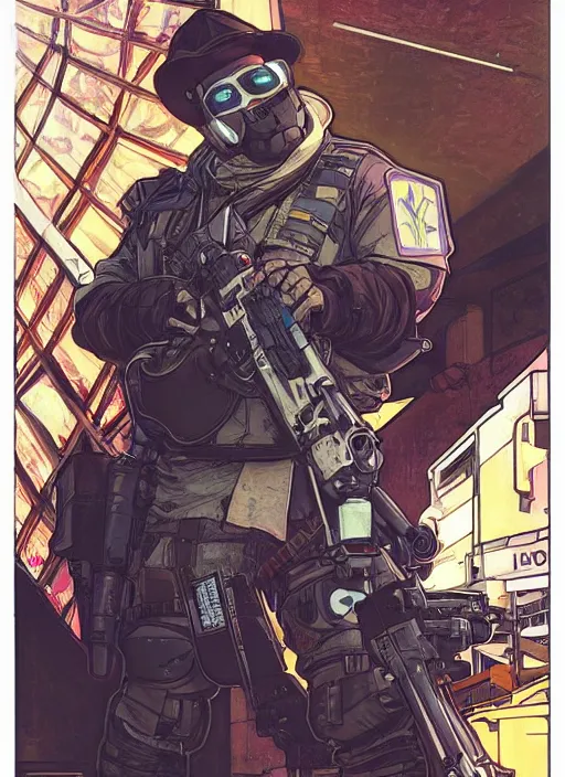 Image similar to cyberpunk paul blart fighting real cop. portrait by ashley wood and alphonse mucha and laurie greasley and josan gonzalez and james gurney. spliner cell, apex legends, rb 6 s, hl 2, d & d, cyberpunk 2 0 7 7. realistic face. vivid color. dystopian setting.