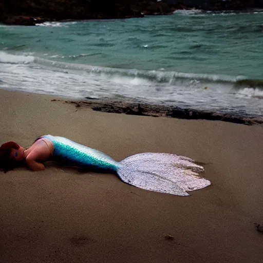 Prompt: a mermaid washed up on shore, analog horror, found footage video