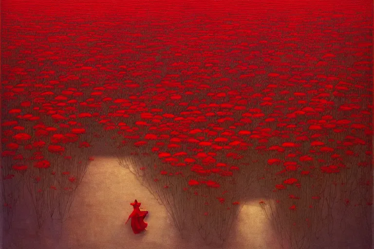 Prompt: only with red, a red expanse of flowers of different types, castle, goblins dance over the flowers in the style of beksinski, parts by edward hopper, parts by rodcenko, parts by yue minjun, intricate and epic composition, red by caravaggio, insanely quality, highly detailed, masterpiece, red light, artstation, 4 k