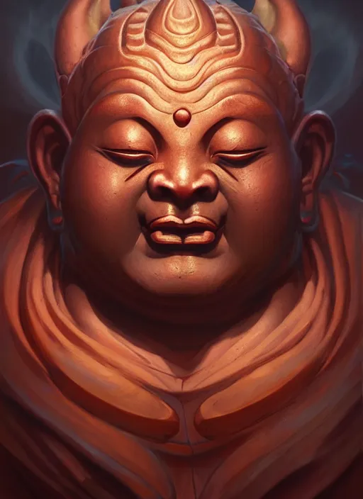 Prompt: oni with the face of a buddha, subsurface scattering, by jesper ejsing, justin gerard, tomasz alen kopera, cgsociety and fenghua zhong, highly detailed, rim light, cinematic lighting, illustration, art, octane render, very coherent, cinematic, hyper realism, high detail, octane render, 8 k