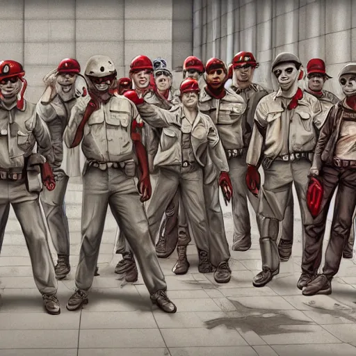Image similar to ( ( beige ) ) uniform and caps zombie ranger officers ( background brutalist gray concrete office ) trending on artstation high detail digital painting 4 k 8 k hd accurate glow red