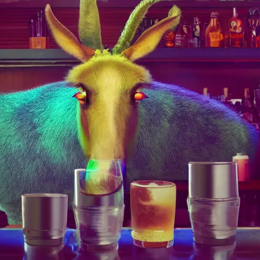 Prompt: surreal, fuzzy mule, sitting at a bar, taps, bar lighting, giant eyes, bubbles in the air, hyper realistic, 8k