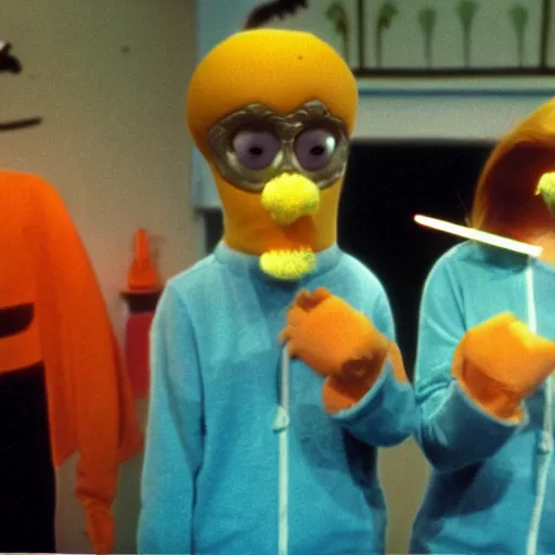 Image similar to Still from a children's television show about people dressed as nostrils, 1980