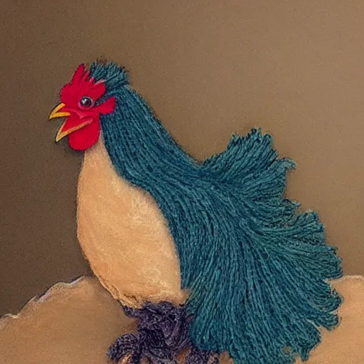 Prompt: A chicken knitting a scarf,