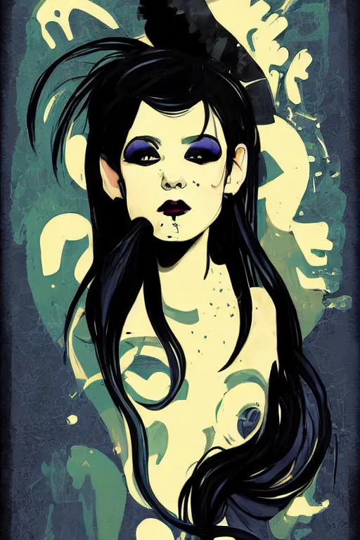 Image similar to vector style the abstract painting of an image of a lady artistic flat illustration, goth punk minimal figure art, soft colors mono chromatic, art in the style of Ross Tran and Greg Rutkowski and Alphonse Mucha