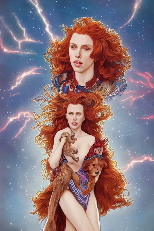 Image similar to celestial anthropomorphic irish setter scarlett johansson, by artgerm and yoshitaka amano and moebius and alphonse mucha, hyperdetailed, dc comics, ornate, nebula, explosions in the sky, trending on artstation