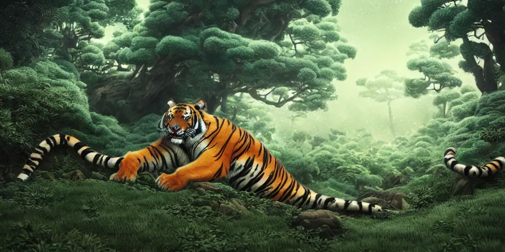 Prompt: award winning tiger, buried inside an enchanted forest, prism highlights, depth of field, cinematic, concept art, art station, digital painting, elegant, epic, focus, octane render, v-ray, 8k, C4D, art by Katsushika Hokusai