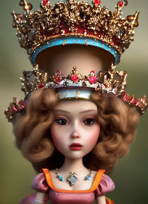 Image similar to closeup profile portrait of tin toy fairytale princess wearing a crown, bikini, depth of field, zeiss lens, detailed, symmetrical, centered, fashion photoshoot, by nicoletta ceccoli, mark ryden, lostfish, breathtaking, 8 k resolution, extremely detailed, beautiful, establishing shot, artistic, hyperrealistic, octane render