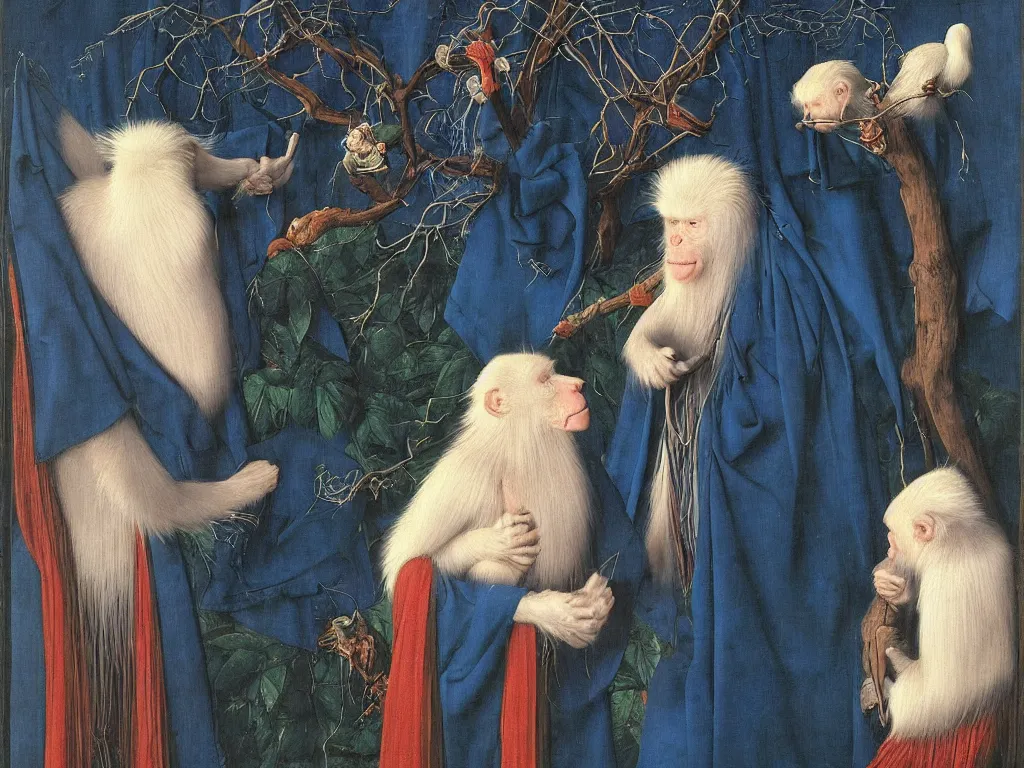 Image similar to Portrait of albino mystic with blue eyes, with exotic beautiful Japanese macaque. Painting by Jan van Eyck, Audubon, Rene Magritte, Agnes Pelton, Max Ernst, Walton Ford