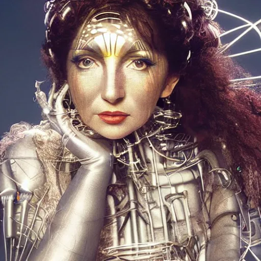 Prompt: beautiful Fine art photo portrait of enraptured Kate Bush as a solarpunk robotic goddess, white mechanical parts with led lights, photorealistic, centered, highly detailed and intricate, sun lighting, 8k