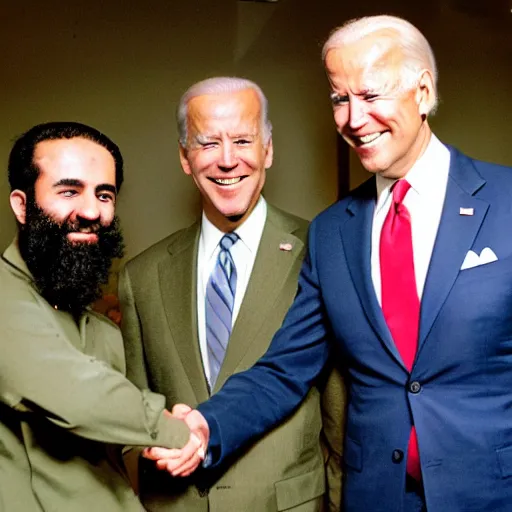 Image similar to joe biden shaking hand of osama bin laden, ultra realistic, canon 3 5 mm photography