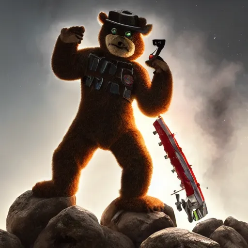 Image similar to advanced Smokey the Bear robot with blade-arms slaughtering humans in 2020, close up combat photography by Feng Zhu, highly detailed, excellent composition, cinematic concept art, dramatic lighting, trending on ArtStation