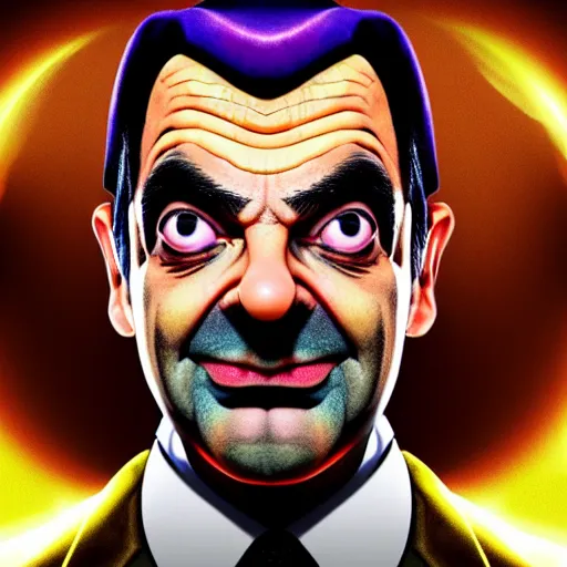 Image similar to mr. bean as thanos from the avengers movie. highly detailed digital painting, movie still. cinematic lighting.! dream mr. bean as thanos from the avengers movie. movie still. cinematic lighting.