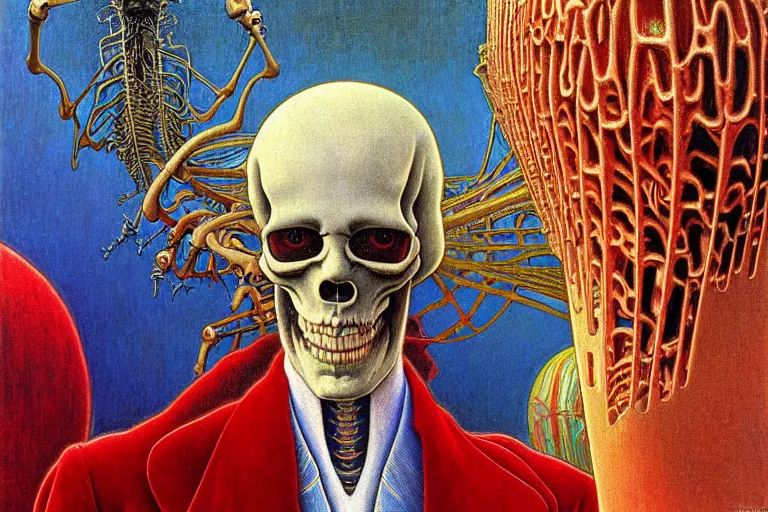 Image similar to realistic detailed closeup portrait painting of a single skeleton wearing red velvet blazer in a crowded futuristic moscow street by Jean Delville, Amano, Yves Tanguy, Alphonse Mucha, Ernst Haeckel, Edward Robert Hughes, Roger Dean, rich moody colours, blue eyes