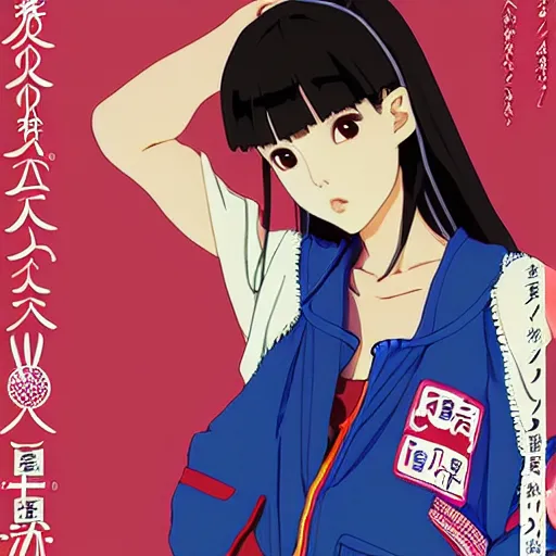 Image similar to a beautiful japanese natalie portman gravure model, wearing oversized native designer bomber jacket and leotard with overalls, bulky poofy bomber jacket with mesoamerican patterns, mesoamerican native street fashion, gapmoe yandere grimdark, trending on pixiv fanbox, painted by greg rutkowski makoto shinkai takashi takeuchi studio ghibli, akihiko yoshida