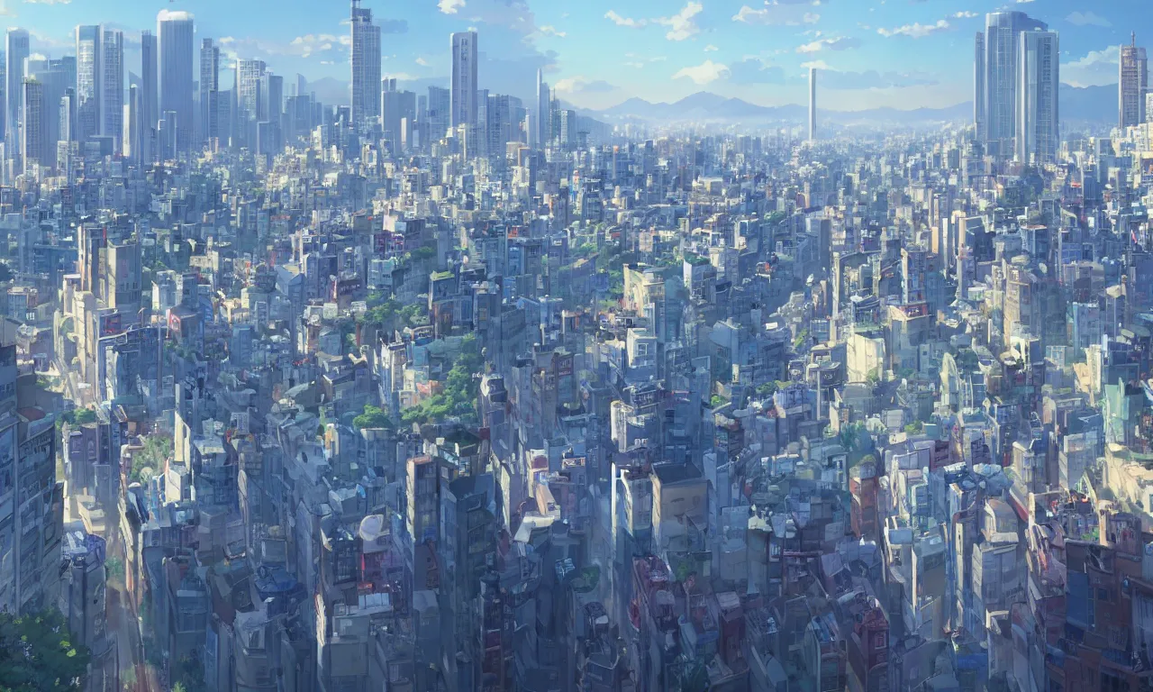 Prompt: A screenshot of a city view of seoul in the scene in the Makoto Shinkai anime film Kimi no na wa, pretty rim highlights and specular, art by Tom Bagshaw